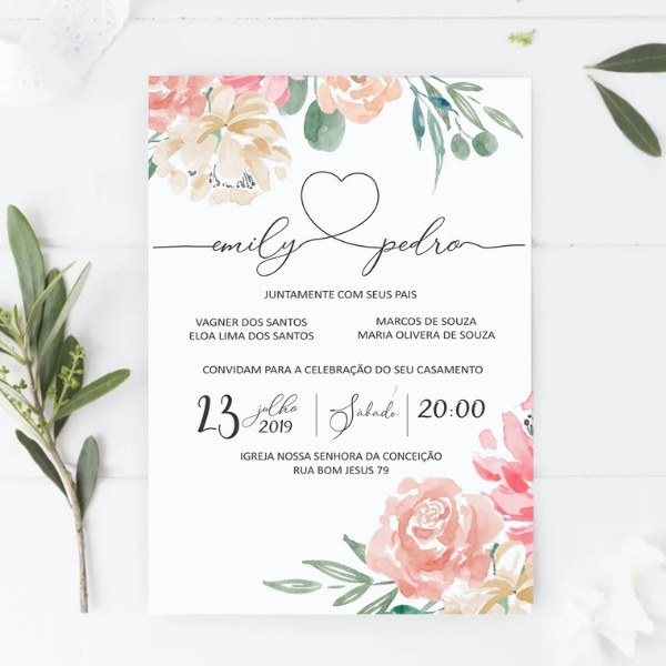 Convite de casamento personalizado com detalhes dourados